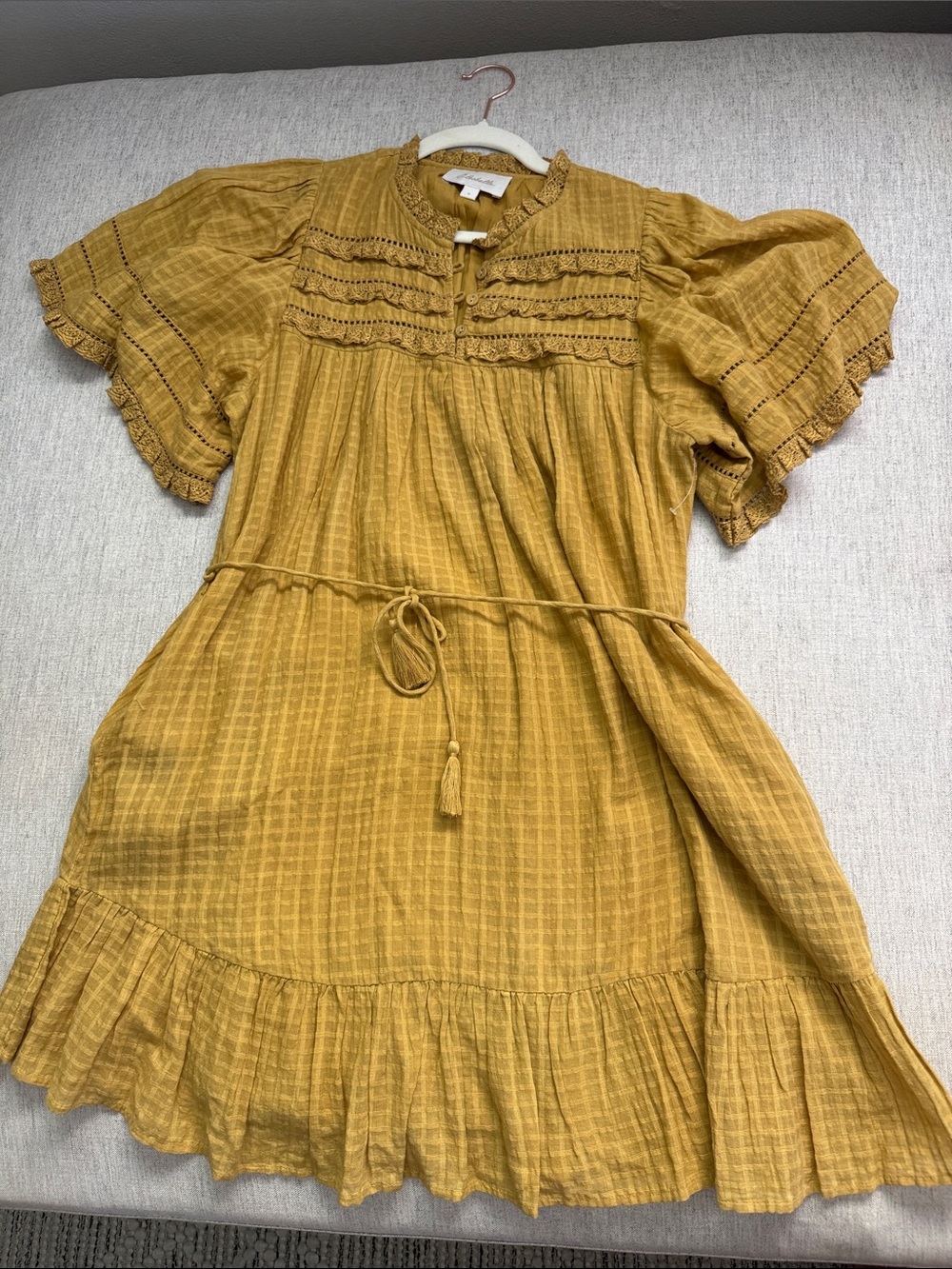 Cleobella Mustard Yellow Boho Ruffle Dress with Tie Waist